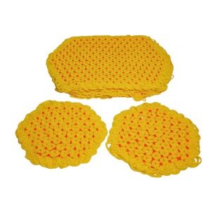Vintage Set 1970s Mod Orange Yellow Hand Made Crochet Yarn Placemats Pot Holders